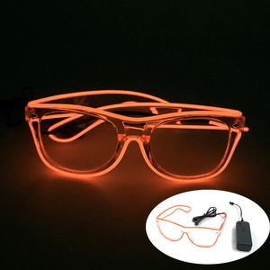 Orange EL wire glowing glasses with battery controller shown in light and dark views