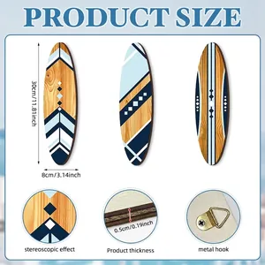 3-piece wooden surfboard wall art set with beach patterns and metal hooks, 30cm height