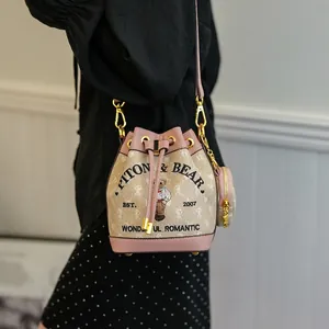 Retro jacquard drawstring bucket bag with bear patterns and mini circular pouch accessory