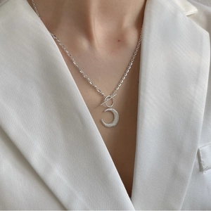 Minimalist 925 sterling silver crescent moon necklace with frosted pendant and OT toggle clasp