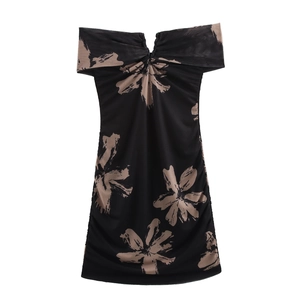 Vestito Corto Sexy Spalle Scoperte In Maglia Stampa Floreale Arricciato Aderente Elegante Clubwear Donna Notte