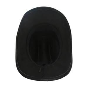 Vue interne d'un chapeau fedora bleu marine avec bandeau intérieur et feutre