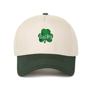 Outdoor color-block trucker hat with green leaf embroidery and lucky text