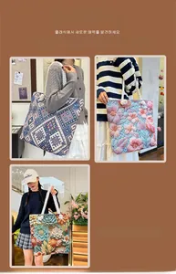 Detailed views of three embroidered tote bags with geometric and floral patterns and rope handles