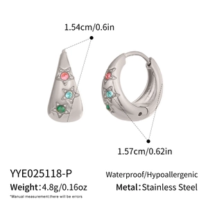 Detail of U-shape stainless steel earrings with colorful star zircon and size measurements