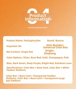 Detailed specification chart for 10-color glitter lash packaging boxes by Buenas