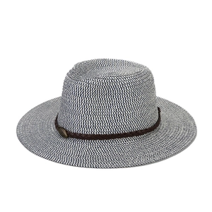 Blue and white woven summer sun hat with wide brim and decorative brown leather band