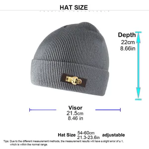 Detailed size chart showing grey knit beanie depth, width, and adjustable head circumference