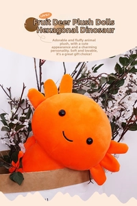 Macro shot of a soft orange axolotl plush toy resting inside a brown cardboard box