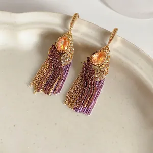 Bohemian multilayer tassel earrings with purple pear-shaped zircon and gold chains