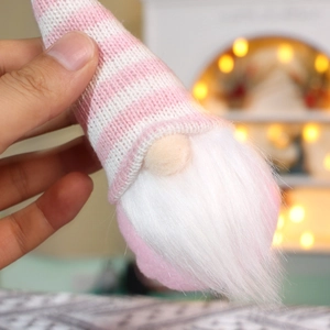 Pink and white striped knit gnome ornament with plush beard for Christmas tree decor