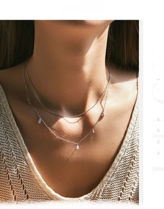 Détail d'un collier double couche en argent S925 avec pendentifs goutte sur un mannequin