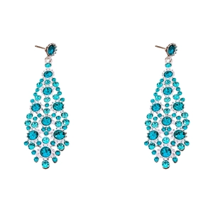 Luxury silver irregular diamond earrings with teal blue crystals in a geometric design