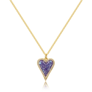 Gold necklace featuring a purple heart pendant with zirconia borders on white background