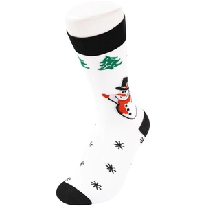Detailed view of Christmas crew socks with snowman and green tree holiday patterns