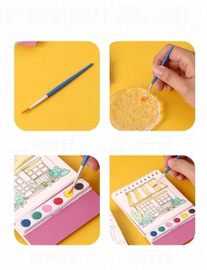 Step-by-step guide showing water-dipping, paint mixing, and coloring on kids watercolor book