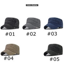 Color display of five distressed washed cotton cadet caps with metal eyelets