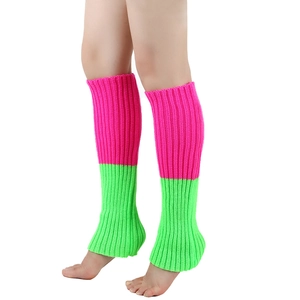 Detail of ribbed knit leg warmers in vibrant magenta and neon green color-block style