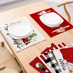 Christmas cotton linen placemats with red and black buffalo plaid and festive prints