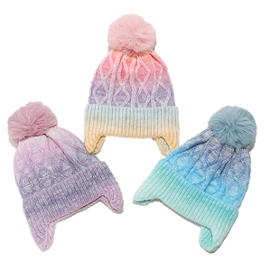 Kinder Strickmütze Acryl Warm Gehörschutz Bunte Ombre Zopfmuster Bommel Wintermütze Für Kinder