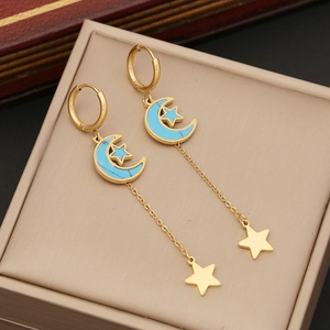 Elegant gold long tassel earrings with turquoise crescent moon and star charms