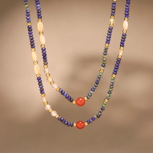 Lapis lazuli and red agate beaded stainless steel necklace with multi-color gemstones