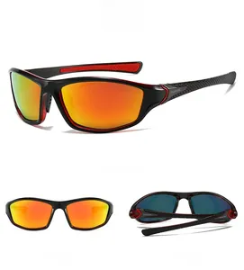 Three-view display of polarized sports sunglasses with red gradient lenses and matte frame