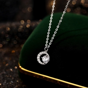 S999 sterling silver crescent moon pendant necklace with sparkling cubic zirconia inlay