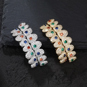 Hip Hop Copper Multicolored Rhinestone Upper And Lower Teeth Grillz Gold Silver Plated Iced Out Teeth Jewelry For Men Women