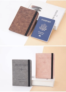 Detail of RFID-blocking passport wallets in frosted brown, gray, and pink colors