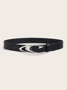 Close-up of black leather belt featuring a silver metal buckle with sparkling rhinestone detail