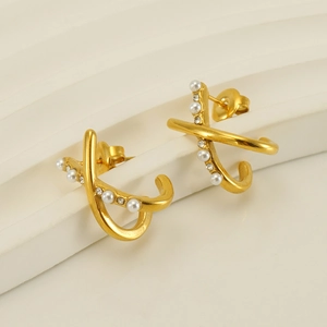 Chic gold titanium steel X-cross earrings with pearls and zircon stones for women