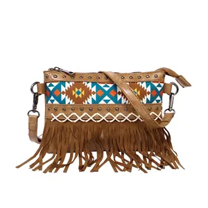 Brown bohemian tassel shoulder bag with ethnic patterns and metallic rivet accents