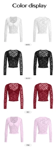Hauts en dentelle à manches longues en blanc, noir, rouge et rose avec nœuds au col V