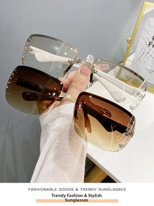 Detail of rimless Y2K sunglasses with gradient lenses and silver dot embellishments