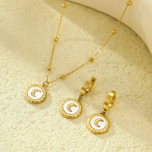 18K gold stainless steel jewelry set featuring crescent moon shell pendant and earrings