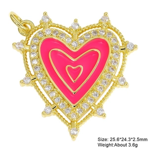 Macro view of heart charm with pink enamel, white zircon border, and 25.6mm size detail