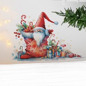 Cozy Christmas wall sticker scene with watercolor Santa, pine branch and warm star lights