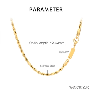 Detailed parameter view of a 520mm gold rope chain with rectangular pendant and lobster clasp