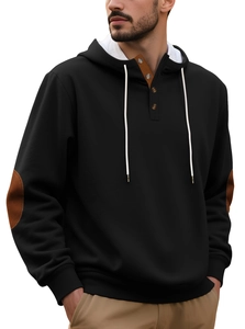 Detailed view of men's hoodie featuring a buttoned neckline and brown elbow patches