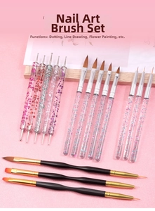 Detailed set of professional nail art brushes for painting and crystal dotting tools