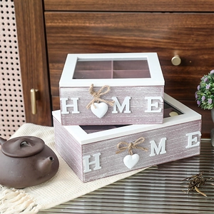 Vintage pink wooden jewelry storage box set with glass lid and decorative HOME text