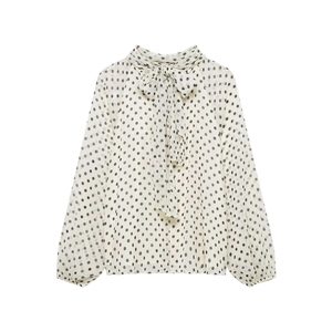 Elegante camicetta in chiffon bianca a pois con fiocco al collo e maniche lunghe chic