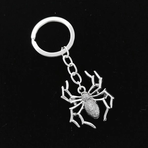 Detailed view of a silver spider pendant keychain with metallic chain on black background