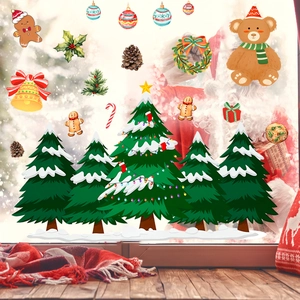 Scena festiva della finestra con adesivi statici di albero e omino di pan di zenzero