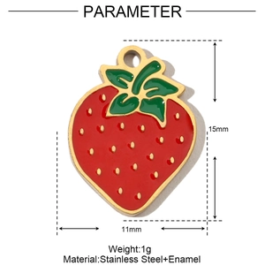 Detail of strawberry charm with 15mm by 11mm dimensions in red enamel and stainless steel