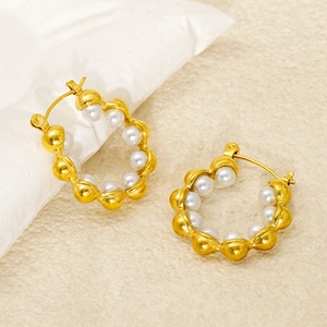 18k gold plated hoop earrings featuring wavy textures and embedded white pearls for women