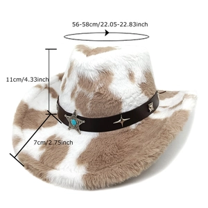 Chapeau de cowboy en peluche à motif vache avec badge étoile et bandeau en cuir clouté