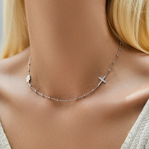 S925 silver choker necklace with pavé daisy flower and cross charms on bead chain
