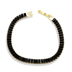 Close-up of gold chain bracelet with emerald-cut black stones and secure fold-over clasp